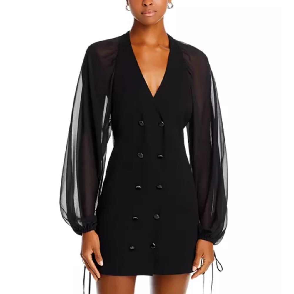 Frame Sheer Sleeve Crepe Blazer Double Breasted Dress Black| XS
